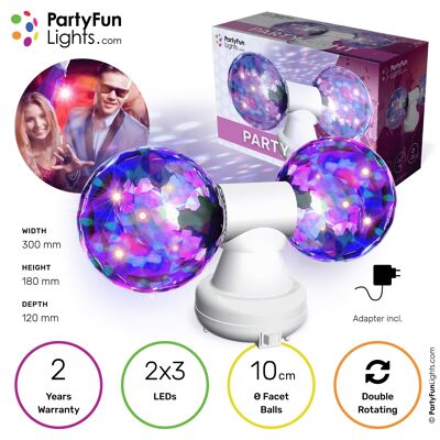 PartyFunLights - Double Rotating Disco Balls - facets - multicolor LED - white