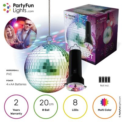 Set de fiesta con bola de espejos giratoria con LED multicolor - motor incluido - bola de espejos de 20 cm - 8 puntos de luz