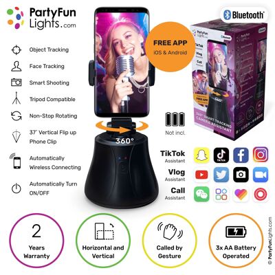 PartyFunLights - Bluetooth Smart Gimbal Phone Holder - 360° Smart Tracking - for TikTok Selfie Video, Vlog and Photo - Black
