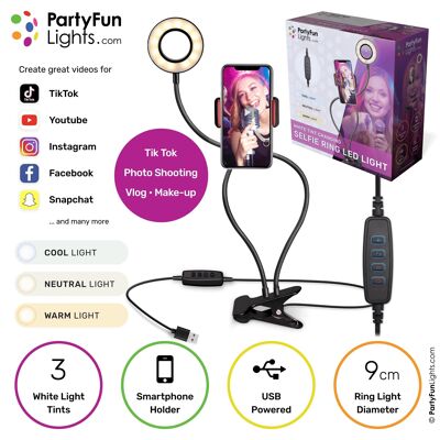PartyFunLights - Selfie-Ringlampe mit flexibler Klemme - LED - mit Telefonhalter - USB - Durchmesser 9 cm