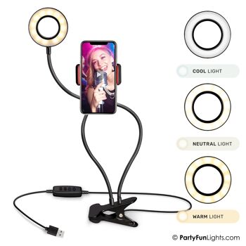 PartyFunLights - Lampe Selfie Ring avec pince flexible - LED - avec support pour téléphone - USB - diamètre 9 cm 2