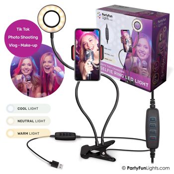 PartyFunLights - Lampe Selfie Ring avec pince flexible - LED - avec support pour téléphone - USB - diamètre 9 cm 4