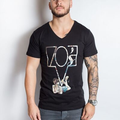 Tee shirt coton bio homme col en v noir logo ky-kas 70's    s,m,l,xl