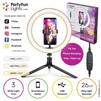 Lámpara Selfie Ring con trípode - LED - con soporte para teléfono - USB - diámetro 26 cm