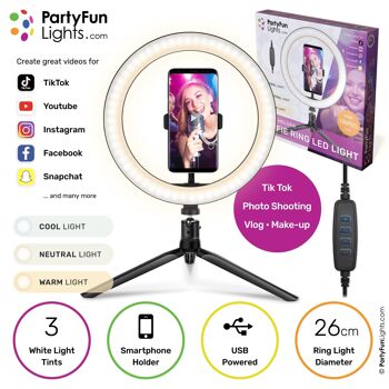 PartyFunLights - Lampe Selfie Ring avec trépied - LED - avec support pour téléphone - USB - diamètre 26 cm 1