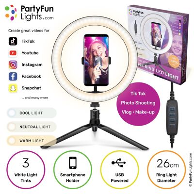 PartyFunLights - Selfie-Ringlampe mit Stativ - LED - mit Telefonhalter - USB - Durchmesser 26 cm