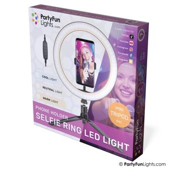 PartyFunLights - Lampe Selfie Ring avec trépied - LED - avec support pour téléphone - USB - diamètre 26 cm 3