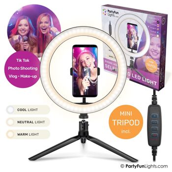 PartyFunLights - Lampe Selfie Ring avec trépied - LED - avec support pour téléphone - USB - diamètre 26 cm 4