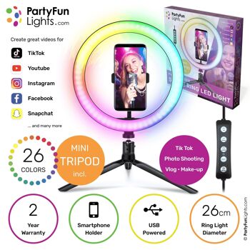 PartyFunLights - Lampe Selfie Ring avec trépied - LED multicolore RBG - et support pour téléphone - diamètre 20 cm 1