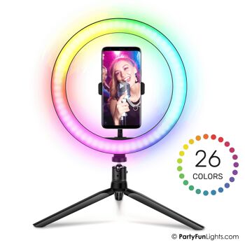 PartyFunLights - Lampe Selfie Ring avec trépied - LED multicolore RBG - et support pour téléphone - diamètre 20 cm 2