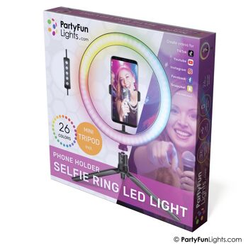 PartyFunLights - Lampe Selfie Ring avec trépied - LED multicolore RBG - et support pour téléphone - diamètre 20 cm 3