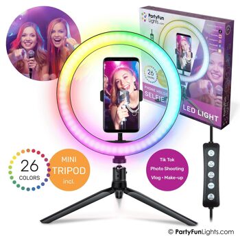PartyFunLights - Lampe Selfie Ring avec trépied - LED multicolore RBG - et support pour téléphone - diamètre 20 cm 4