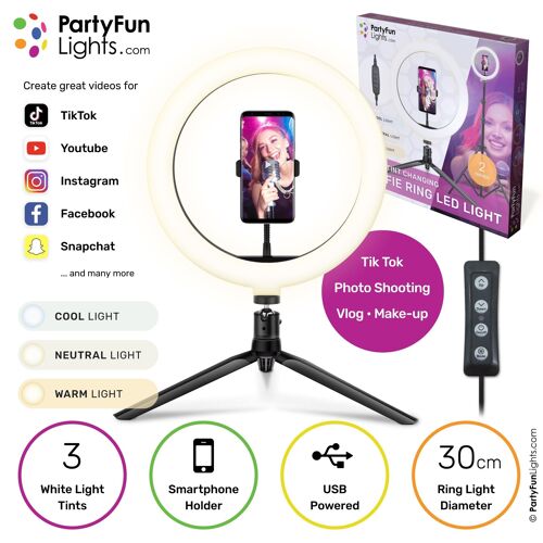 Selfie Ring lamp with tripod - LED - with phone holder - USB - diameter 30 cm