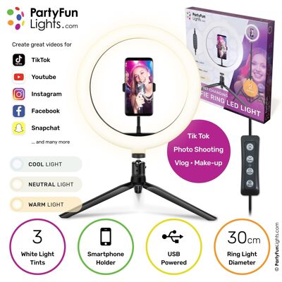 PartyFunLights - Lampe Selfie Ring avec trépied - LED - avec support pour téléphone - USB - diamètre 30 cm