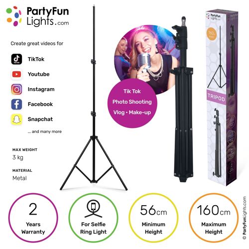 PartyFunLights - Selfie Tripod - for selfie ring lamps, smartphones and photo cameras - maximum height 160cm - black