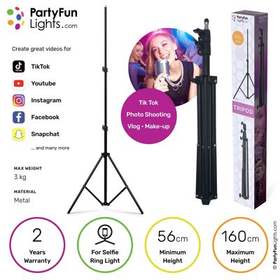 PartyFunLights – Selfie-Stativ – für Selfie-Ringlampen, Smartphones und Fotokameras – maximale Höhe 160 cm – schwarz