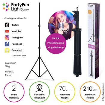 PartyFunLights - Trépied Selfie - pour lampes annulaires selfie, smartphones et appareils photo - hauteur maximale 210cm - noir 1
