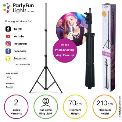 PartyFunLights - Selfie Tripod - para lámparas de anillo selfie, teléfonos inteligentes y cámaras fotográficas - altura máxima 210 cm - negro