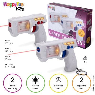 HappyFunToys - Dos llaveros de pistola láser - Láser de clase 2 - Pistola láser - Incluye 6 pilas LR44