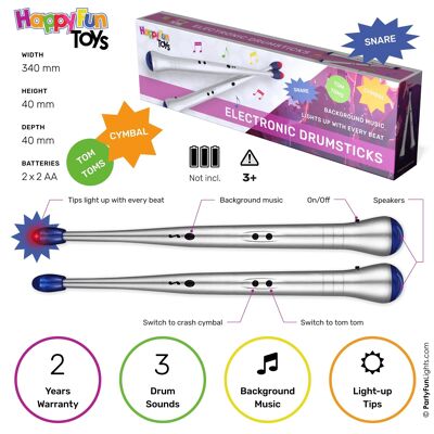 HappyFunToys - Electronic Drum Sticks with various sounds and tracks - drum sticks - musical instrument - children