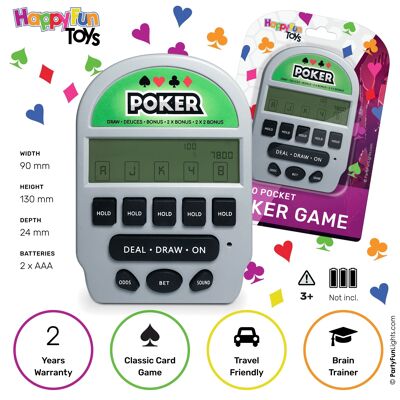 HappyFunToys - Electronic Retro Poker pocket game 5-in-1 - travel game - card game - pocket game
