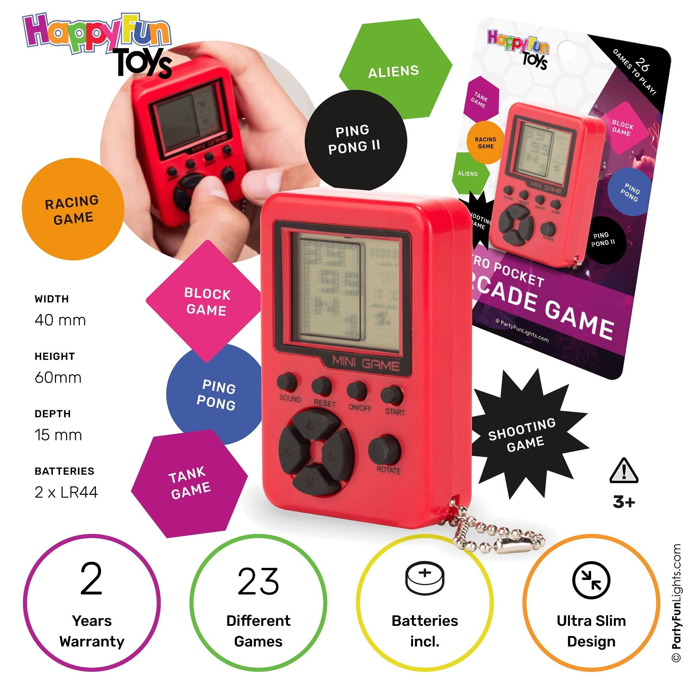 Ankorstore x PartyFunLights - HappyFunToys - Retro Pocket Arcade Game -  with 26 games - 99 levels - retro -includes 2x LR44 batteries - pocket game  - 