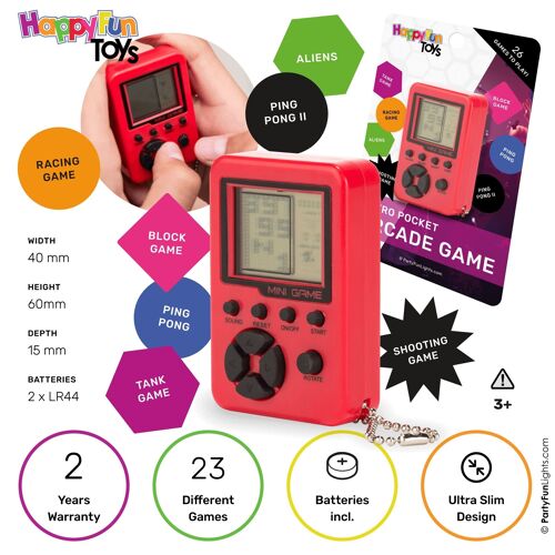 Retro Pocket Arcade Game - with 26 games - 99 levels - retro -includes 2x LR44 batteries - pocket game - travel game