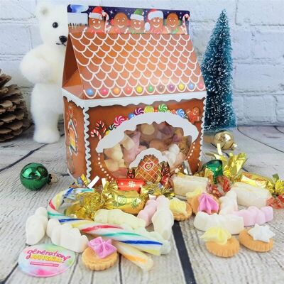 Gingerbread house filled with Christmas treats