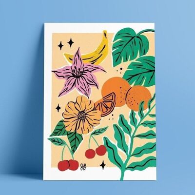 Affiche illustrée végétale, florale, colorée "Still life" | fruits, feuillages, fleurs