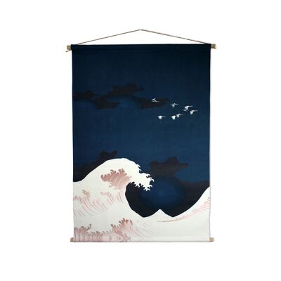 Wall hanging wave & cranes fabric 90x130 cm blue