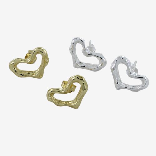 Textured Open Heart Sterling Silver Stud Earrings