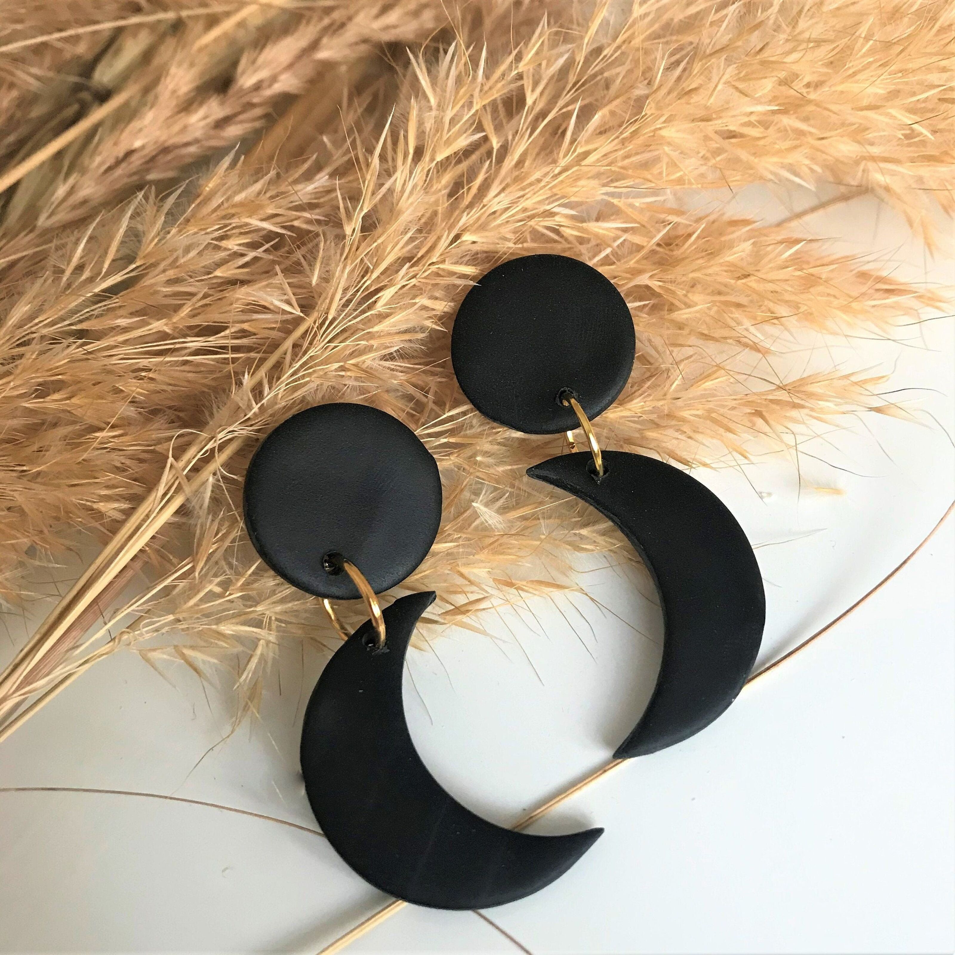 Black Moon and Star Polymer Clay Earrings
