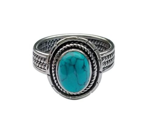Blue Turquoise Oval Oxidised Sterling Silver Handmade Vintage Ring