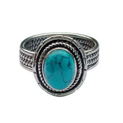 Blue Turquoise Oval Oxidised Sterling Silver Handmade Vintage Ring