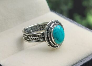 Bague vintage faite à la main en argent sterling oxydé ovale bleu turquoise 2