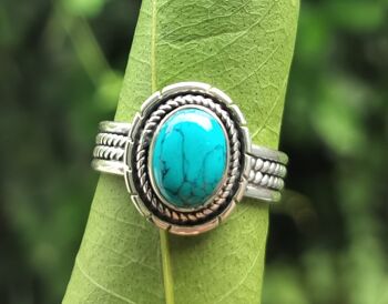 Bague vintage faite à la main en argent sterling oxydé ovale bleu turquoise 5