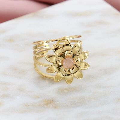 Grande anello in pietra con perline a fiore in acciaio inossidabile 0423016