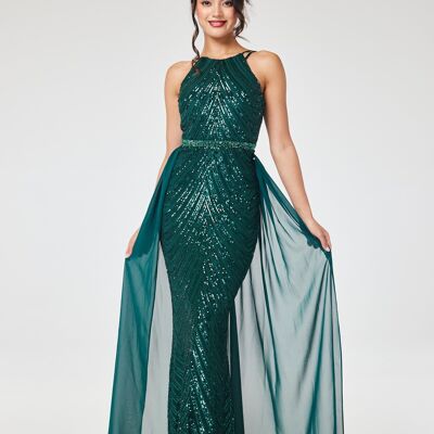 Green Halterneck Sequin Maxi Dress with Detachable Skirt