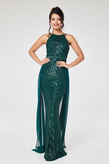 Robe longue verte à sequins dos nu avec jupe amovible 7