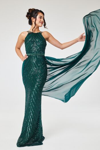 Robe longue verte à sequins dos nu avec jupe amovible 10