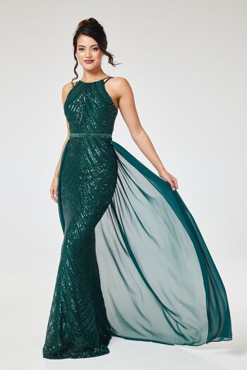 Robe longue verte à sequins dos nu avec jupe amovible 11