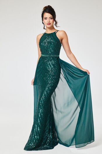 Robe longue verte à sequins dos nu avec jupe amovible 13