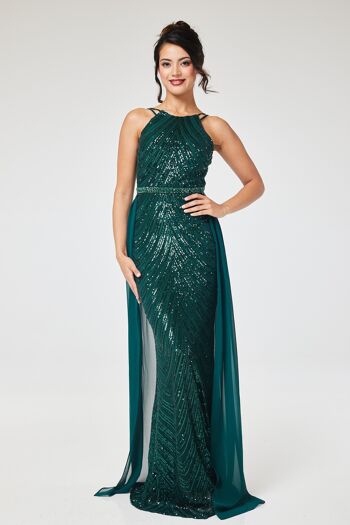 Robe longue verte à sequins dos nu avec jupe amovible 15