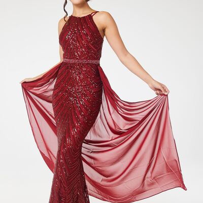 Wine Halterneck Sequin Maxi Dress with Detachable Skirt