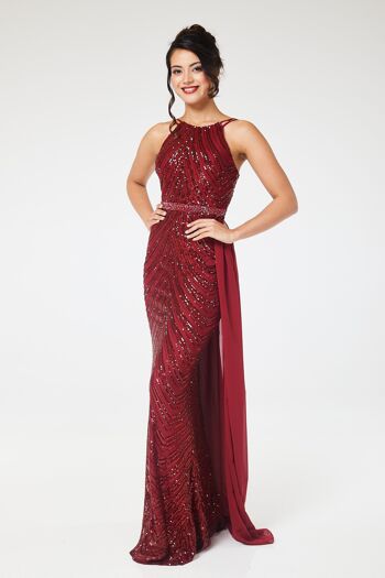 Robe longue bordeaux à sequins et dos nu avec jupe amovible 3