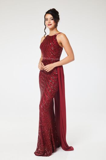 Robe longue bordeaux à sequins et dos nu avec jupe amovible 4