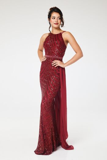 Robe longue bordeaux à sequins et dos nu avec jupe amovible 6