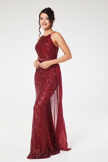 Robe longue bordeaux à sequins et dos nu avec jupe amovible 9