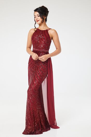 Robe longue bordeaux à sequins et dos nu avec jupe amovible 10