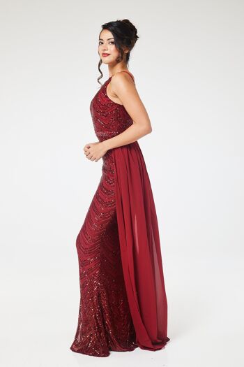 Robe longue bordeaux à sequins et dos nu avec jupe amovible 11